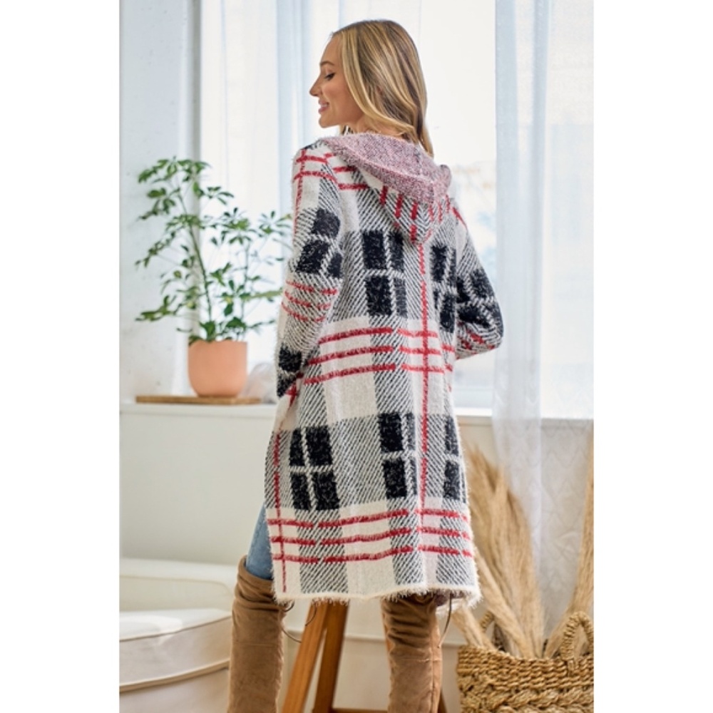 Cozy Plaid Hooded Long Cardigan Sweater - Cream, Black & Red